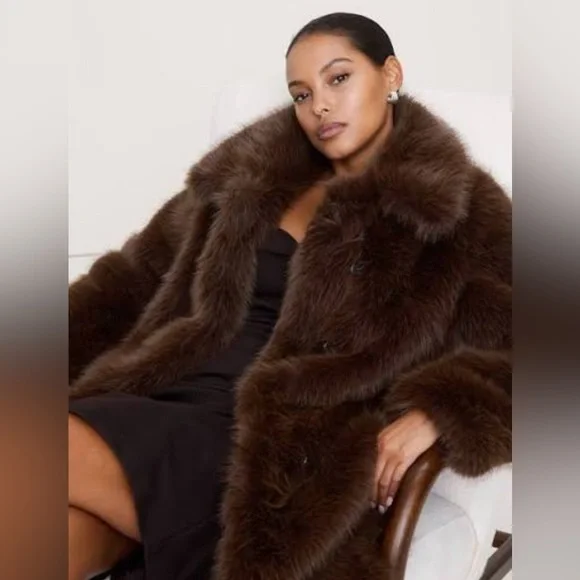 New $350 Banana Republic Faux Fur Long Brown Coat Jacket Small NWT - Picture 2 of 8